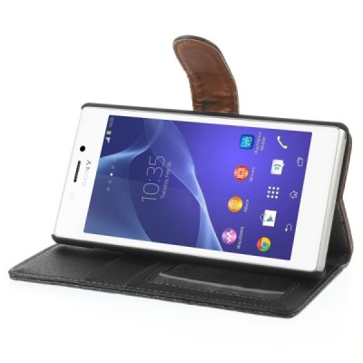 Sony Xperia M2 atverčiamas juodas odinis Litchi dėklas - piniginė / Priedai.lt