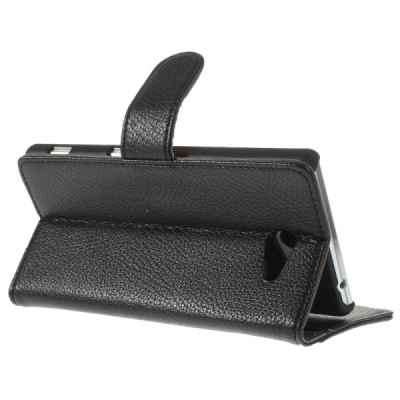 Sony Xperia M2 atverčiamas juodas odinis Litchi dėklas - piniginė / Priedai.lt