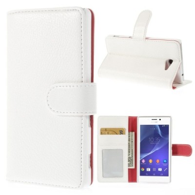 Sony Xperia M2 atverčiamas baltas odinis Litchi dėklas - piniginė / Priedai.lt