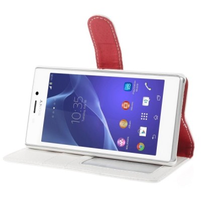 Sony Xperia M2 atverčiamas baltas odinis Litchi dėklas - piniginė / Priedai.lt