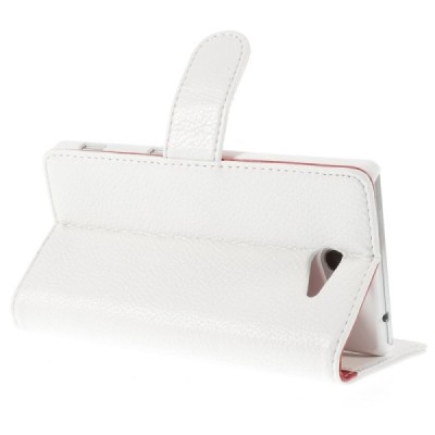 Sony Xperia M2 atverčiamas baltas odinis Litchi dėklas - piniginė / Priedai.lt