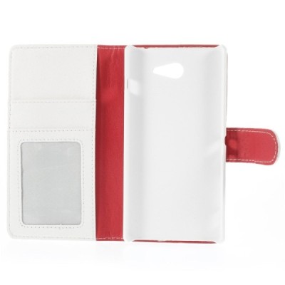 Sony Xperia M2 atverčiamas baltas odinis Litchi dėklas - piniginė / Priedai.lt