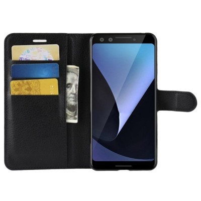 Google Pixel 3 atvēramais melns ādas Litchi maciņš (maks) | Vacins.lv