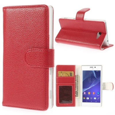 Sony Xperia M2 atverčiamas raudonas odinis Litchi dėklas - piniginė / Priedai.lt