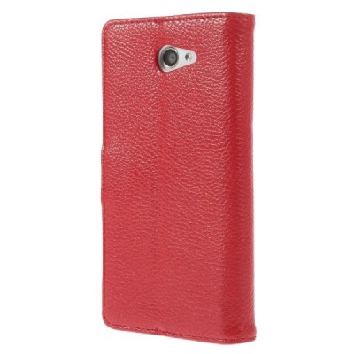 Sony Xperia M2 atverčiamas raudonas odinis Litchi dėklas - piniginė / Priedai.lt