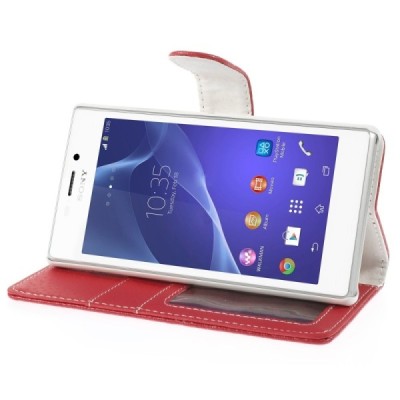 Sony Xperia M2 atverčiamas raudonas odinis Litchi dėklas - piniginė / Priedai.lt
