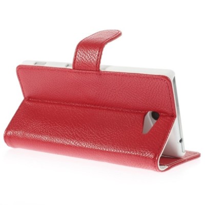 Sony Xperia M2 atverčiamas raudonas odinis Litchi dėklas - piniginė / Priedai.lt