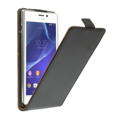 Sony Xperia M2 klasikinis vertikaliai atverčiamas juodas odinis dėklas / Priedai.lt