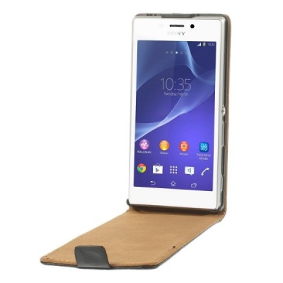 Sony Xperia M2 klasisks ādas vertikāli atvēramais melns futrālis / Vacins.lv