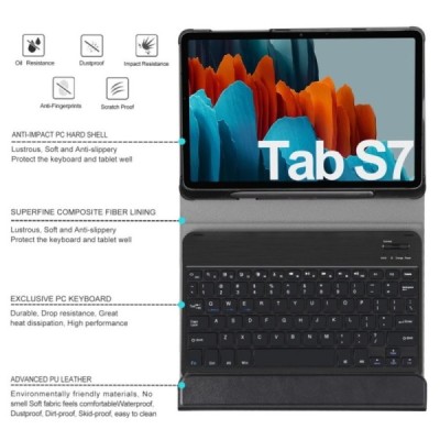 Samsung Galaxy Tab S7 11" (T875, T870) atverčiamas juodas odinis dėklas su bluetooth belaide klaviatūra | Priedai.lt