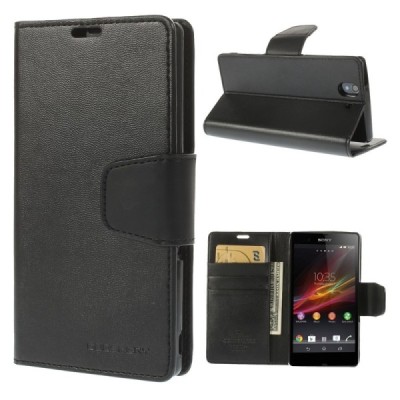 Sony Xperia Z Mercury Sonata atvērams melns ādas futrālis - maciņš / Vacins.lv