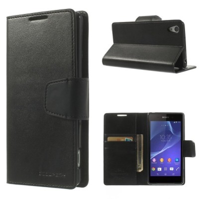 Sony Xperia Z2 Mercury Sonata atvērams melns ādas futrālis - maciņš / Vacins.lv