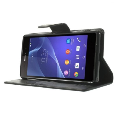 Sony Xperia Z2 Mercury Sonata atvērams melns ādas futrālis - maciņš / Vacins.lv