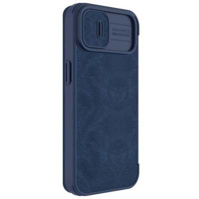 Greznais „Nillkin“ Qin Pro sērijas ādas atvērams zils Apple iPhone 14 maciņš | Vacins.lv