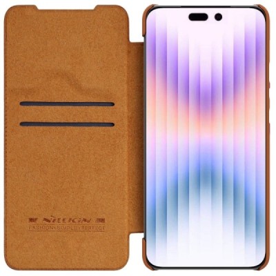 Greznais „Nillkin“ Qin Pro sērijas ādas atvērams brūns Apple iPhone 14 Pro maciņš | Vacins.lv