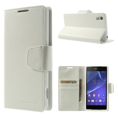 Sony Xperia Z2 Mercury Sonata atvērams balts ādas futrālis - maciņš / Vacins.lv