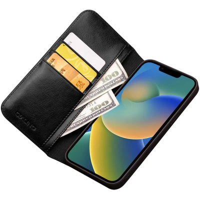 Apple iPhone 14 „QIALINO“ atvēramais ādas melns maciņš - maks | Vacins.lv