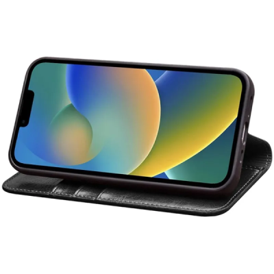 Apple iPhone 14 „QIALINO“ atvēramais ādas melns maciņš - maks | Vacins.lv