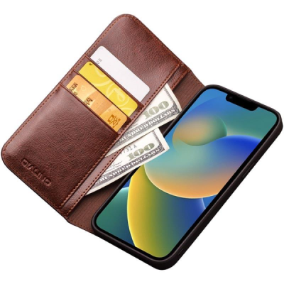 Apple iPhone 14 „QIALINO“ atvēramais ādas brūns maciņš - maks | Vacins.lv