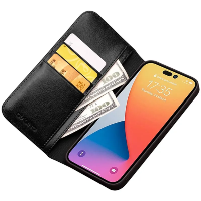 Apple iPhone 14 Plus „QIALINO“ atvēramais ādas melns maciņš - maks | Vacins.lv