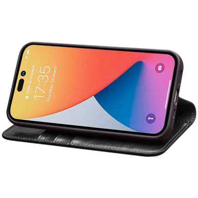 Apple iPhone 14 Plus „QIALINO“ atvēramais ādas melns maciņš - maks | Vacins.lv