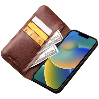 Apple iPhone 14 Plus „QIALINO“ atvēramais ādas brūns maciņš - maks | Vacins.lv