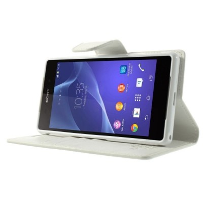 Sony Xperia Z2 Mercury Sonata atvērams balts ādas futrālis - maciņš / Vacins.lv