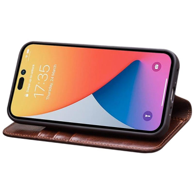 Apple iPhone 14 Pro „QIALINO“ atvēramais ādas brūns maciņš - maks | Vacins.lv