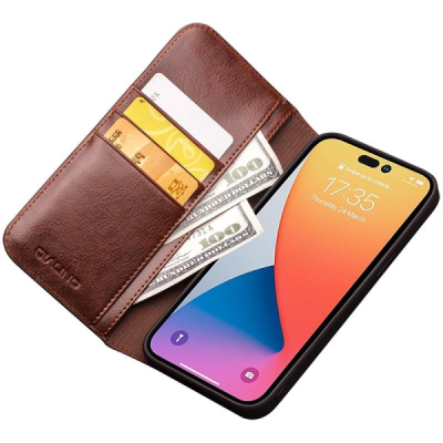 Apple iPhone 14 Pro Max „QIALINO“ atvēramais ādas brūns maciņš - maks | Vacins.lv