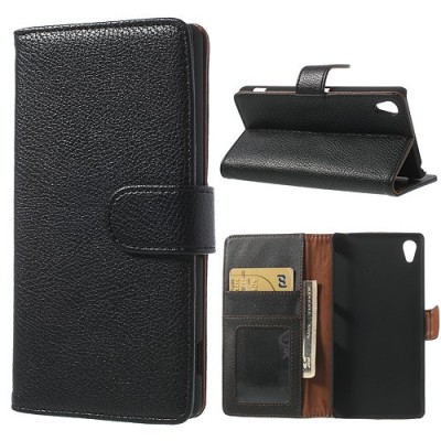 Sony Xperia Z2 atverčiamas juodas odinis Litchi dėklas - piniginė / Priedai.lt