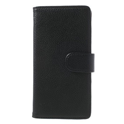 Sony Xperia Z2 atverčiamas juodas odinis Litchi dėklas - piniginė / Priedai.lt