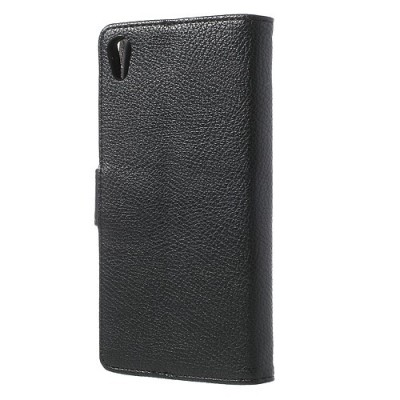 Sony Xperia Z2 atverčiamas juodas odinis Litchi dėklas - piniginė / Priedai.lt