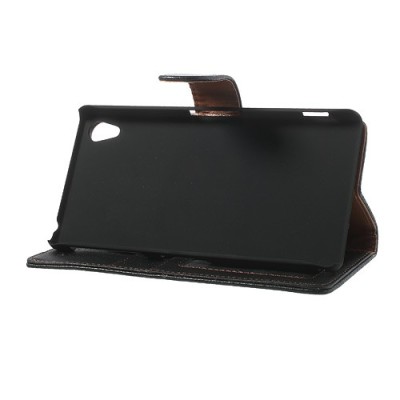 Sony Xperia Z2 atverčiamas juodas odinis Litchi dėklas - piniginė / Priedai.lt