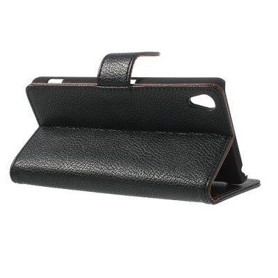 Sony Xperia Z2 atverčiamas juodas odinis Litchi dėklas - piniginė / Priedai.lt