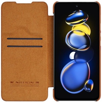 Prabangus „Nillkin“ Qin serijos rudas odinis atverčiamas Xiaomi Poco X4 GT (Redmi Note 11T Pro, Redmi Note 11T Pro+) dėklas | Pr