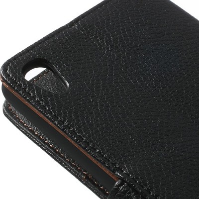 Sony Xperia Z2 atverčiamas juodas odinis Litchi dėklas - piniginė / Priedai.lt