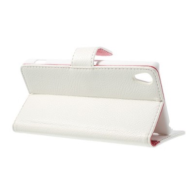 Sony Xperia Z2 atvēramais balts ādas Litchi futrālis - maciņš / Vacins.lv