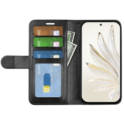 Huawei Honor 70 atverčiamas juodas odinis dėklas - piniginė | Priedai.lt