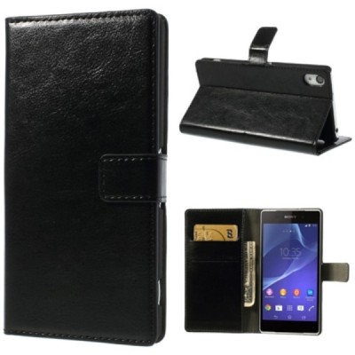 Sony Xperia Z2 D6503 atverčiamas juodas odinis dėklas - piniginė / Priedai.lt