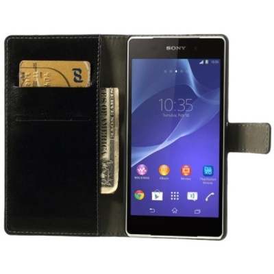 Sony Xperia Z2 D6503 atverčiamas juodas odinis dėklas - piniginė / Priedai.lt