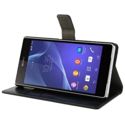 Sony Xperia Z2 D6503 atverčiamas juodas odinis dėklas - piniginė / Priedai.lt