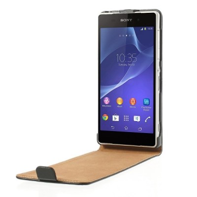 Sony Xperia Z2 klasikinis vertikaliai atverčiamas juodas odinis dėklas / Priedai.lt