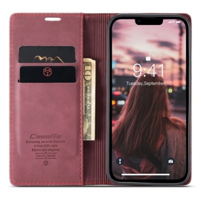 Apple iPhone 14 CaseMe Retro solīds atvēramais ādas bordo maciņš - maks | Vacins.lv