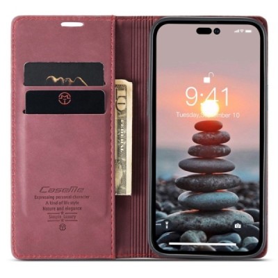 Apple iPhone 14 Pro Max CaseMe Retro solīds atvēramais ādas bordo maciņš - maks | Vacins.lv