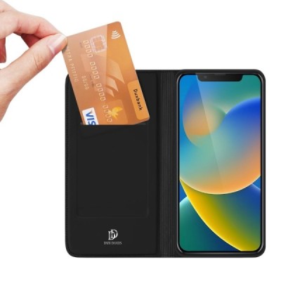 Apple iPhone 14 „Dux Ducis“ Skin sērijas melns ādas atvērams maciņš | Vacins.lv