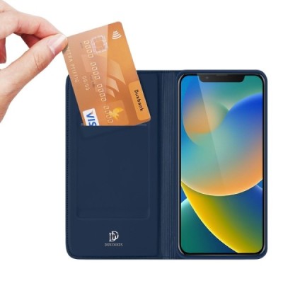 Apple iPhone 14 „Dux Ducis“ Skin sērijas tumši zils ādas atvērams maciņš | Vacins.lv