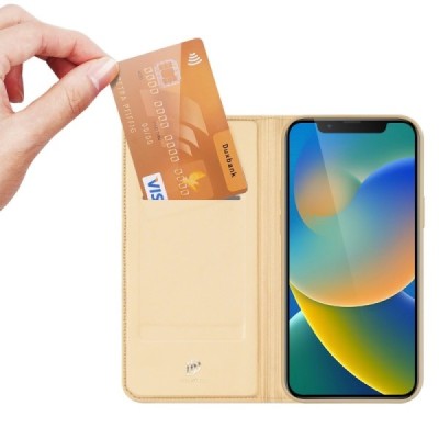 Apple iPhone 14 „Dux Ducis“ Skin sērijas zelta ādas atvērams maciņš | Vacins.lv