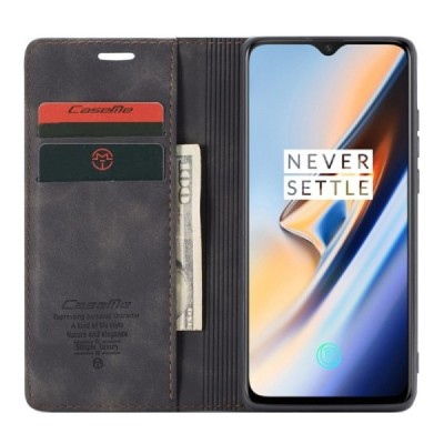OnePlus 7 (OnePlus Seven) CaseMe Retro solīds atvēramais ādas melns maciņš - maks | Vacins.lv