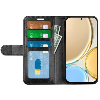 Huawei Honor Magic 4 Lite 5G atverčiamas juodas odinis dėklas - piniginė | Priedai.lt