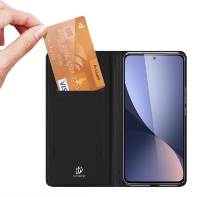 „Dux Ducis“ Skin serijos Xiaomi 12 Lite juodas odinis atverčiamas dėklas | Priedai.lt